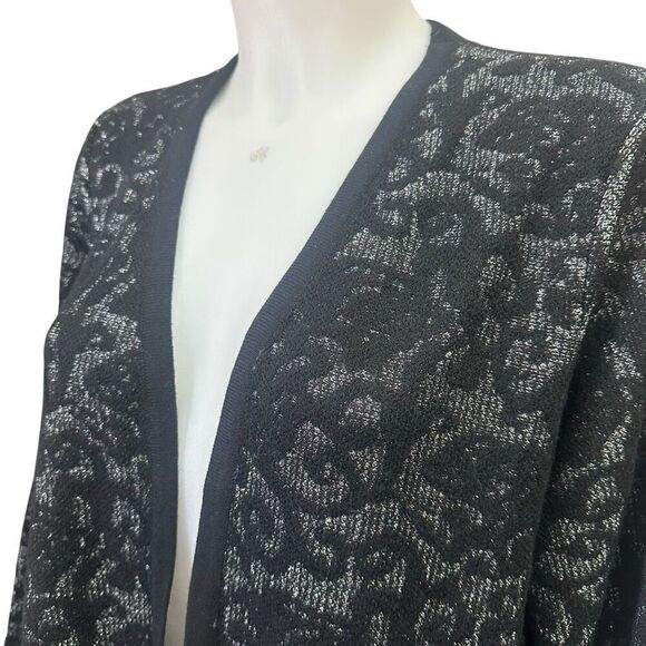 Chico’s Black Silver Metallic Brocade Wool Blend‎ Open Front Midi Cardigan sz M - Picture 4 of 10